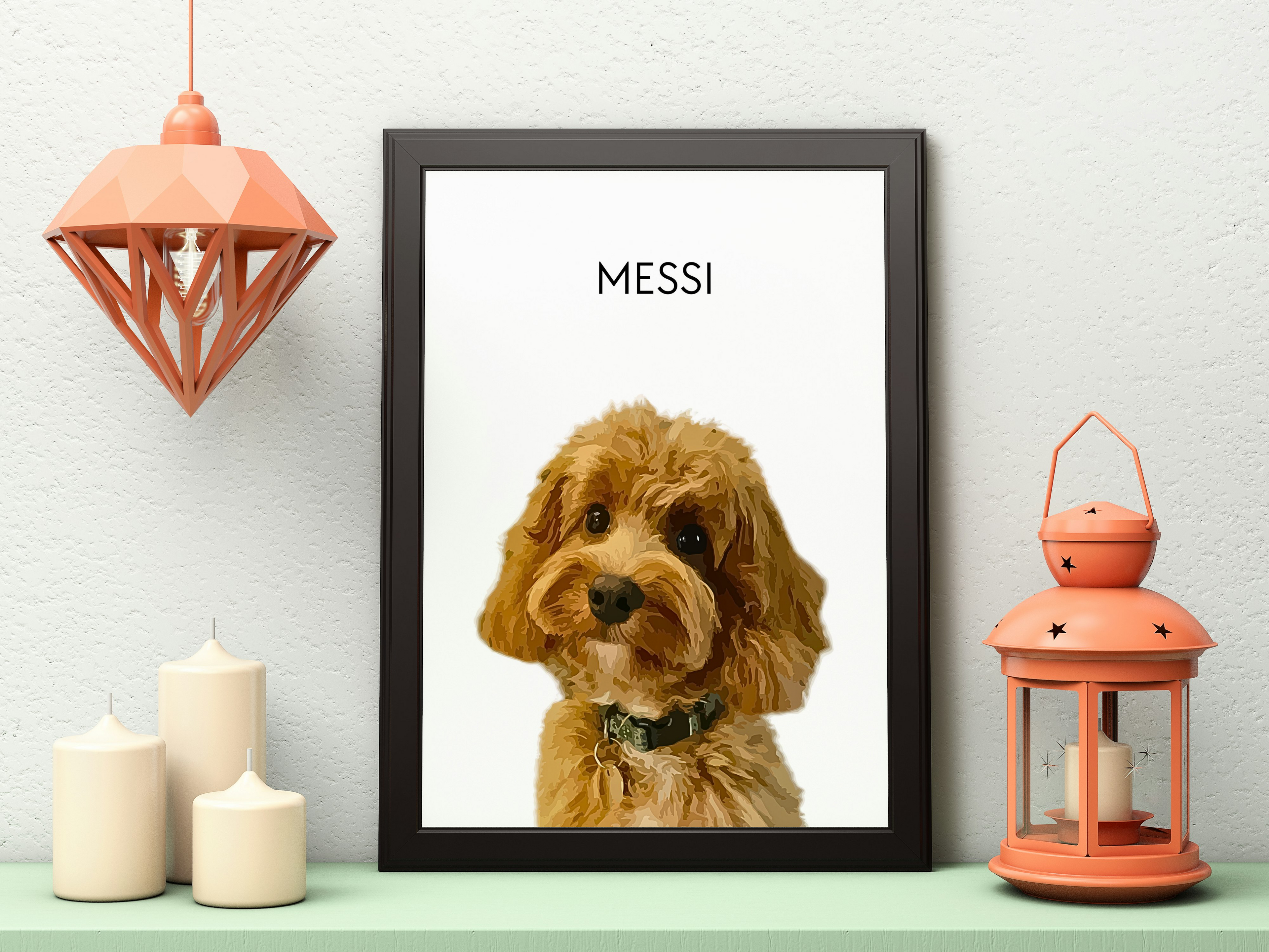 Product shot of a minimalistic Pet Portrait featuring a cavapoo called Messi produced by Fanaticelle