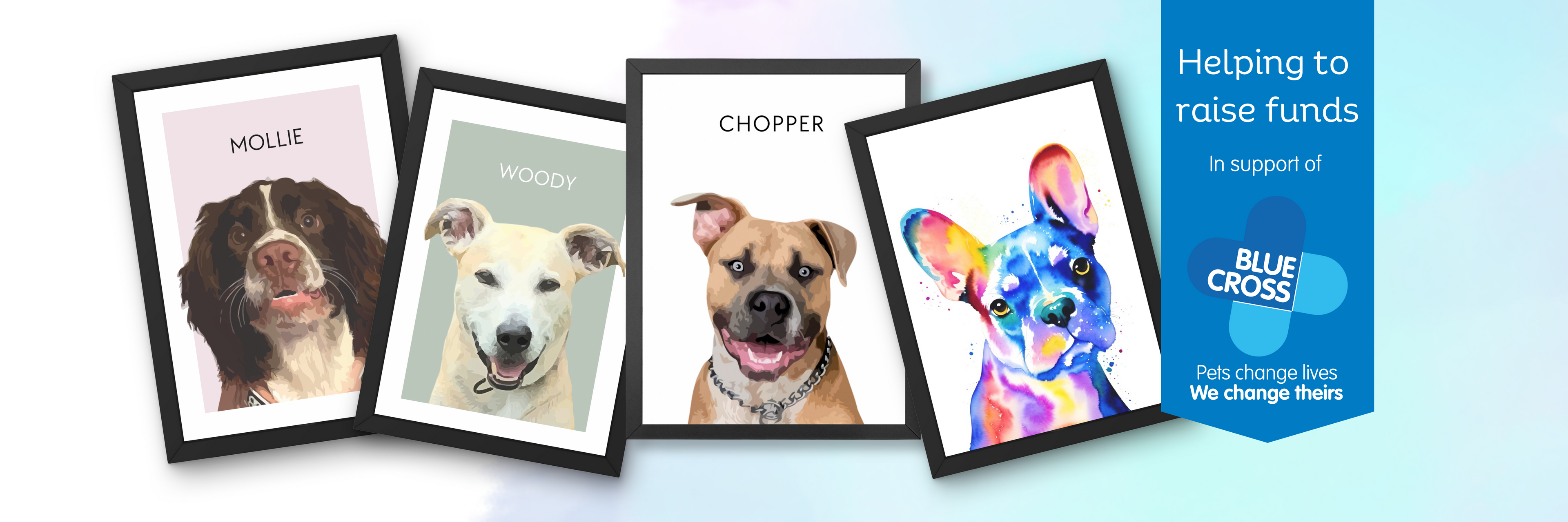 Website banner containing four pet portraits designed and created by Fanaticelle