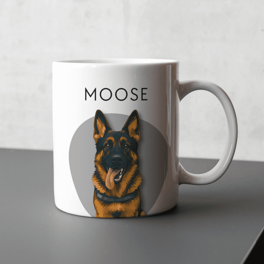 Image of a classic style pet portrait mug featuring a German Shepard