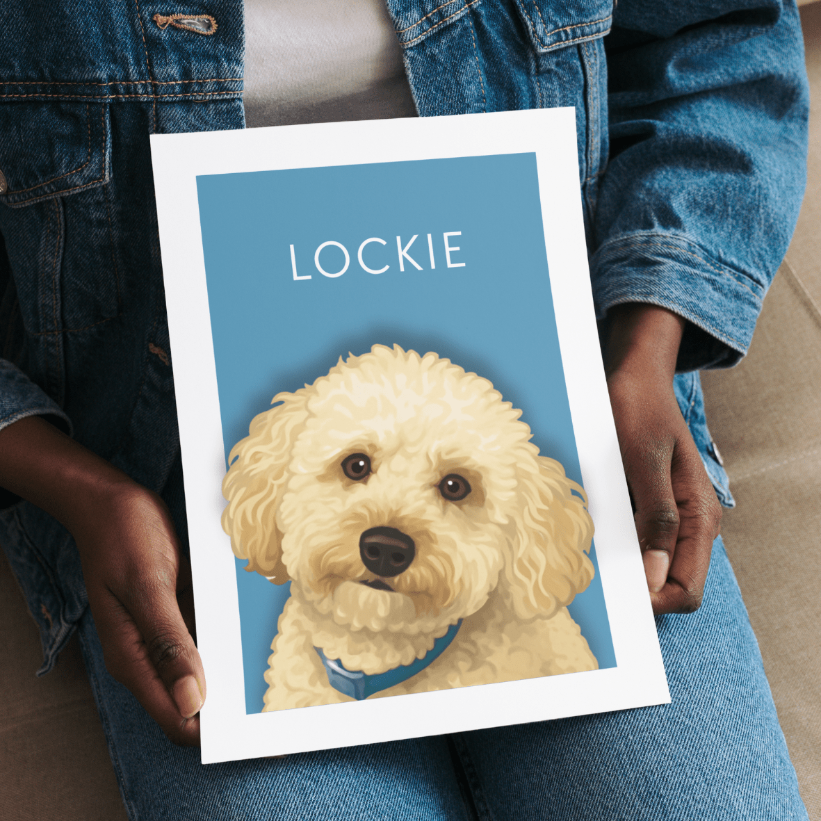 Classic Pet Portrait Print of a cavapoo being held on someone’s lap