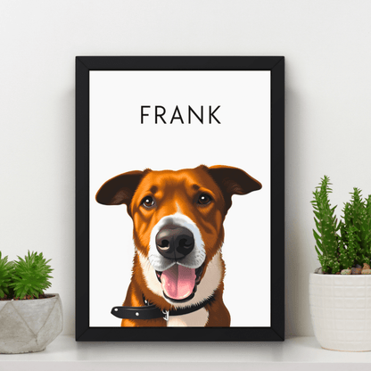 Image of a framed minimalistic pet portrait featuring a dog called Frank