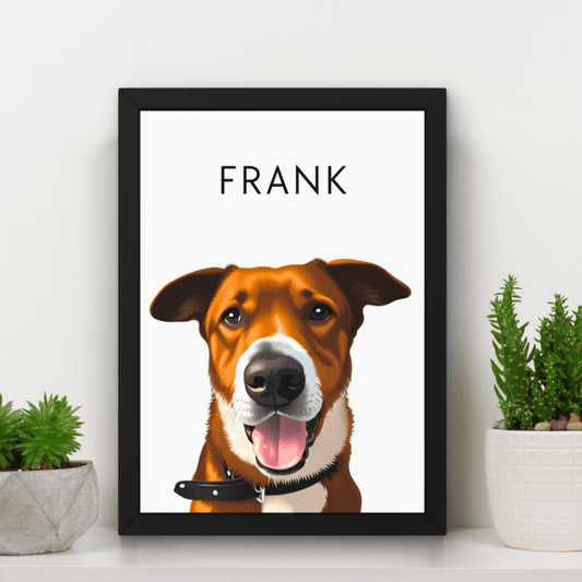 Image of a framed minimalistic pet portrait featuring a dog called Frank