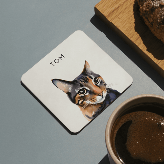 Image of the minimalistic style pet portrait coaster featuring a cat called Tom