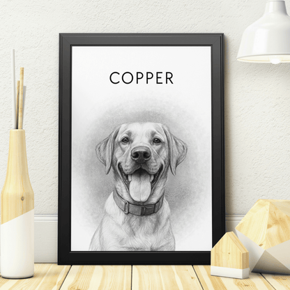 Image of a framed pencil style sketched pet portrait featuring a dog called Copper
