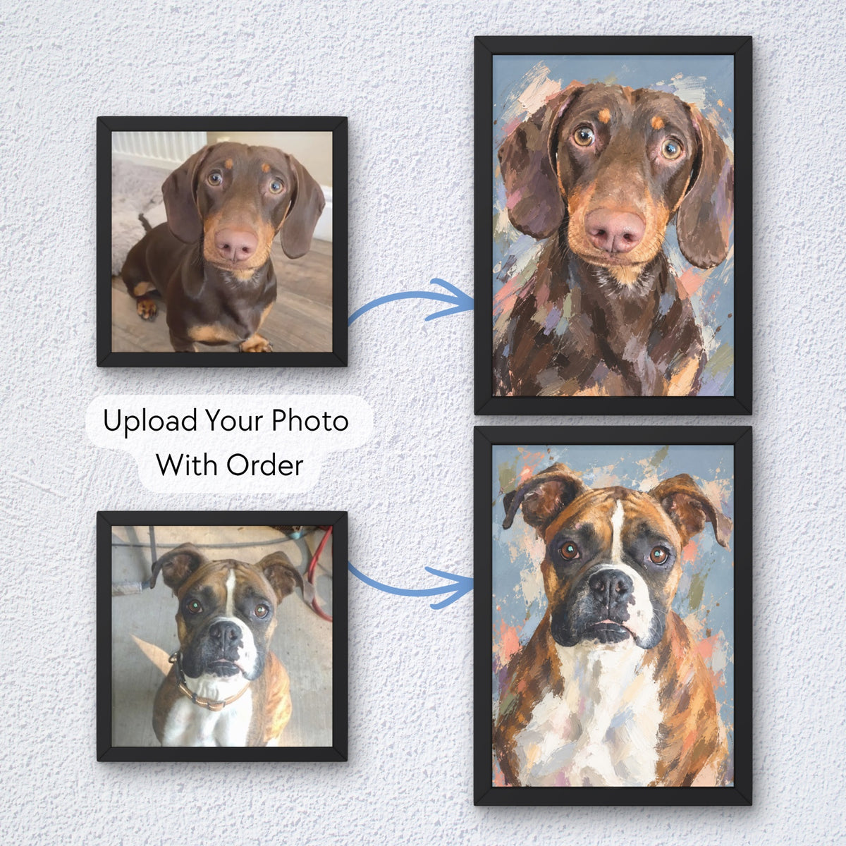 Before and after examples showing pet photos transformed into painterly portraits