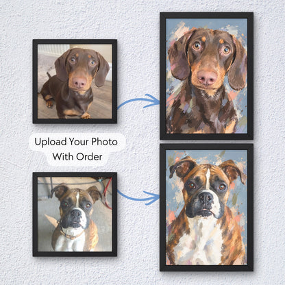 Before and after examples showing pet photos transformed into painterly portraits