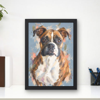 Personalised painterly boxer pet portrait displayed in a black A4 frame