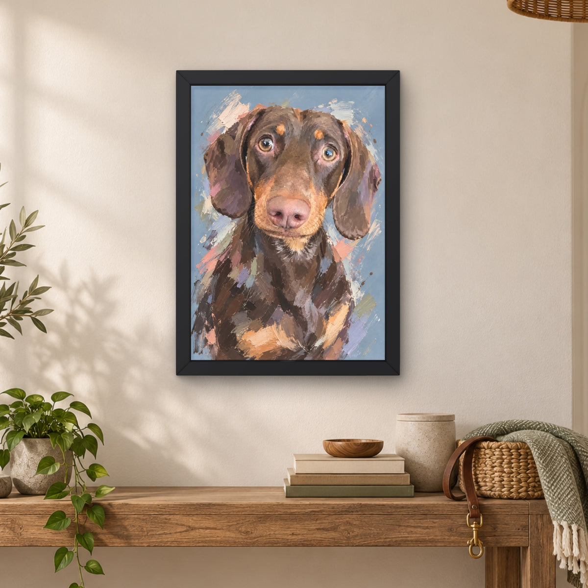 Personalised painterly dachshund pet portrait displayed in a black A4 frame