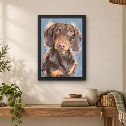 Personalised painterly dachshund pet portrait displayed in a black A4 frame