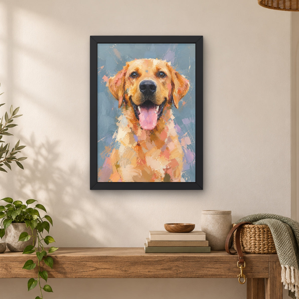 Personalised painterly Labrador pet portrait displayed in a black A4 frame