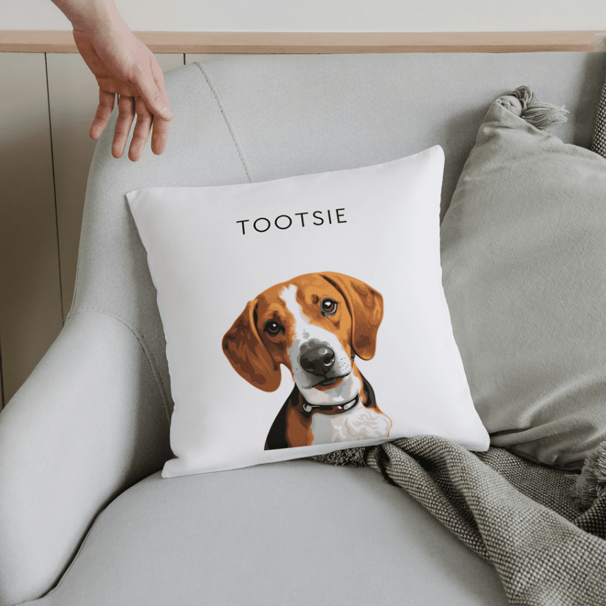 Image of a Minimalistic Styled Pet Portrait Cushion featuring a beagle called tootsie