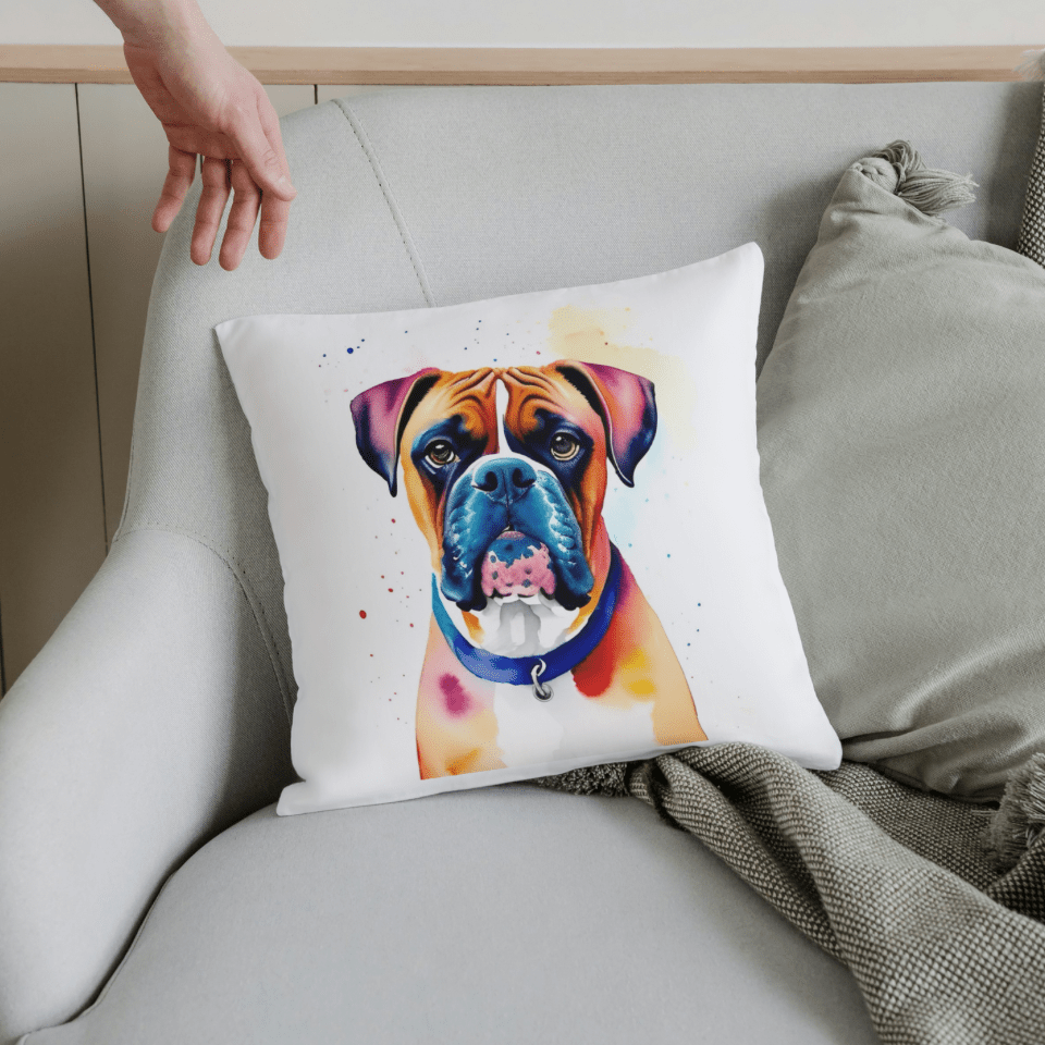 Image of a Pet Portrait Cushion sat on a chair in a Watercolour style featuring a boxer dog