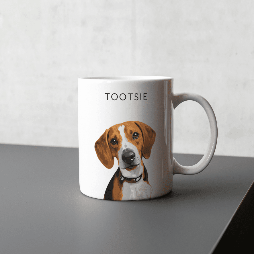 A product image of a Vector Pet Portrait Mug featuring a beagle called tootsie