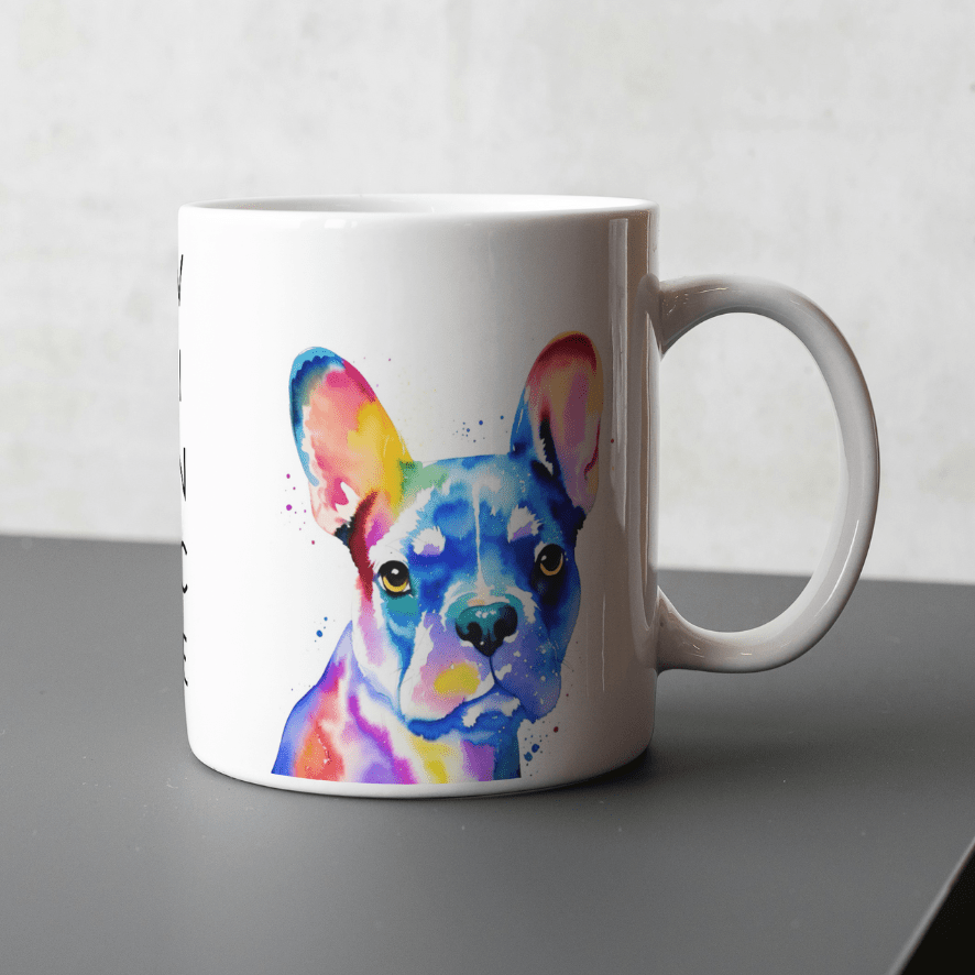 Image of a watercolour pet portrait mug sat on a table