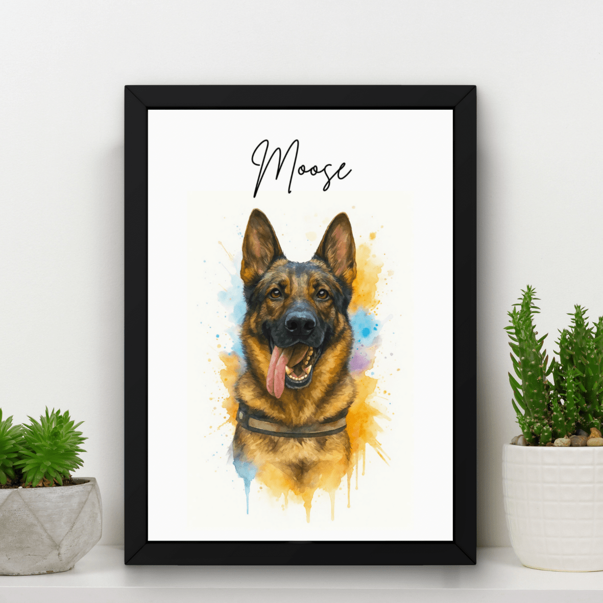 Image of a framed Watercolour style pet portrait featuring a dog called Moose