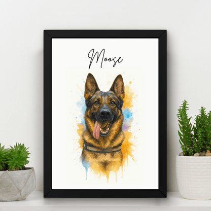 Image of a framed Watercolour style pet portrait featuring a dog called Moose