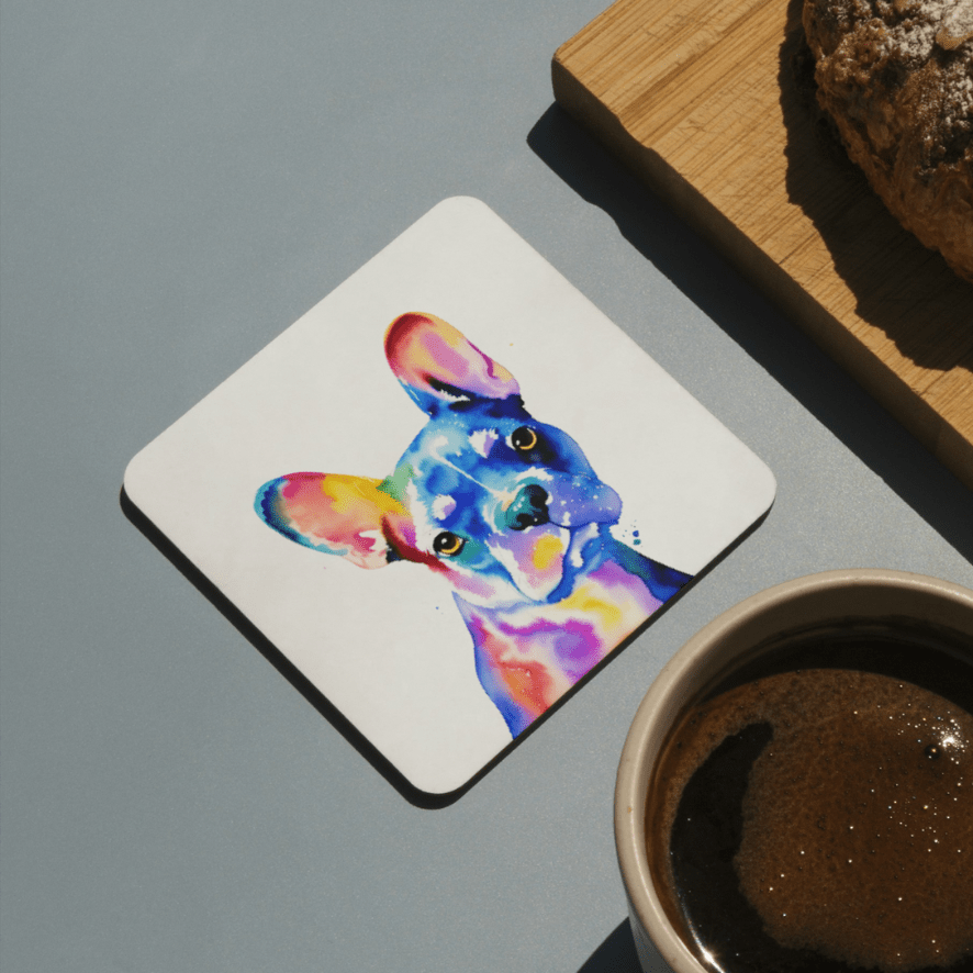 Image of  a watercolour styled pet portrait coaster